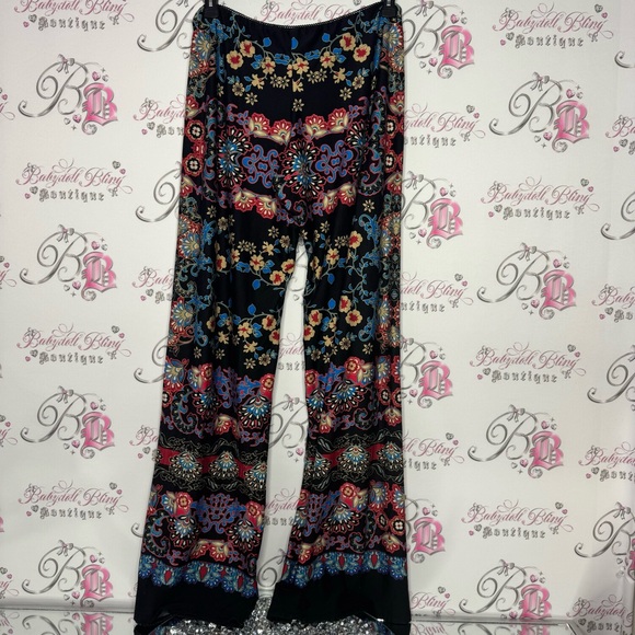Pants floral hippie flare bootcut red blue cream black soft stretchy comfy luxe - Picture 5 of 13